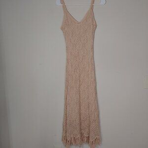 Lalavon Crochet Fringed Hem Spaghetti Straps V-Neck Maxi Dress Cream Size L
